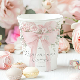 Vasos De Papel Bautizo de niña floral rosa claro lazo