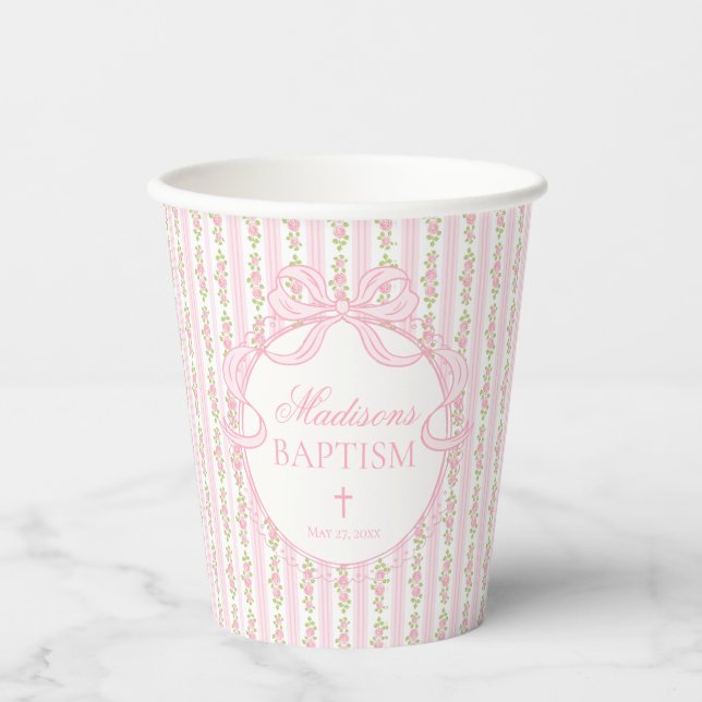 Vasos De Papel Bautizo Floral Antiguo Elegante Rosa (Anverso)