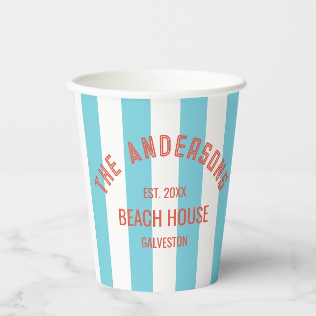 Vasos De Papel Beach House Family Name Blue Cabana Stripe Napki (Anverso)