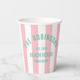 Vasos De Papel Beach House Family Name Pink Cabana Stripe Napki