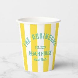 Vasos De Papel Beach House Family Name Yellow Cabana Stripe Napki