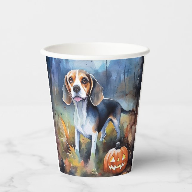 Vasos De Papel Beagle de Halloween con calabazas aterradoras (Anverso)