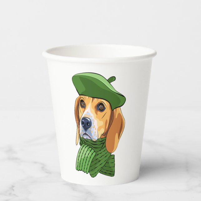 Vasos De Papel Beagle de perro en boina verde francesa (Anverso)