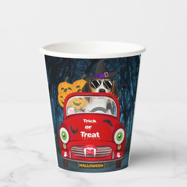 Vasos De Papel Beagle Dog Drive Car Scary Halloween (Anverso)