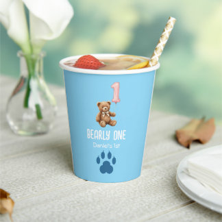 Vasos De Papel Bearly One | Oso de peluche marrón cumpleaños