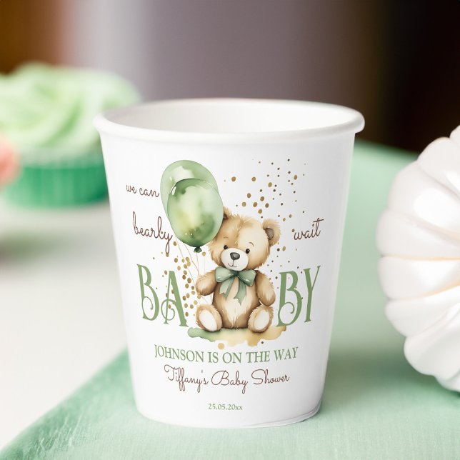 Vasos De Papel Bearly wait teddy oso verde marrón bebé ducha (Bearly wait teddy bear sage green brown baby shower personalized printed paper cups table decor)