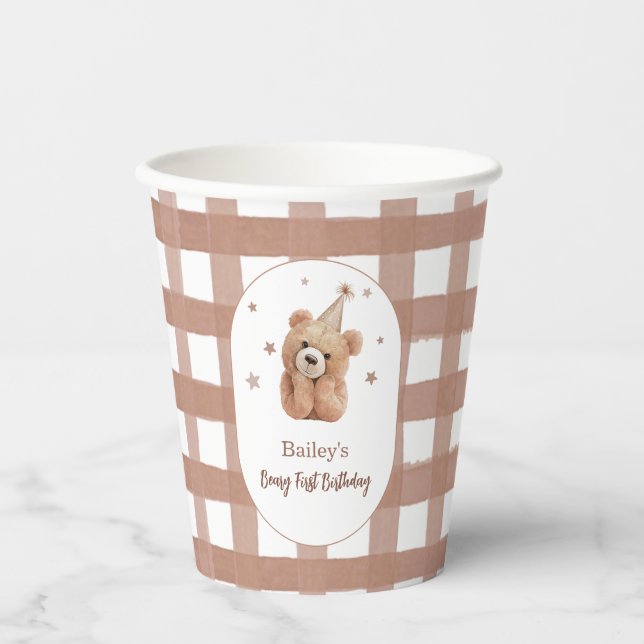 Vasos De Papel Beary First Birthday Gingham (Anverso)