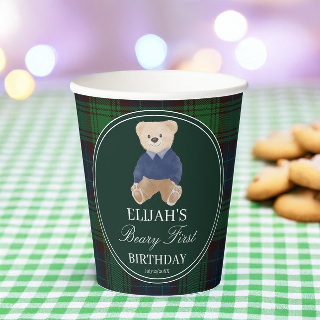 Vasos De Papel Beary primera fiesta de cumpleaños de oso de peluc (Beary first party green plaid polo teddy bear birthday party printed paper cups personalized decor)