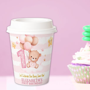 Vasos De Papel Beary Sweet One Paper Cups Pink Boho Bear Party