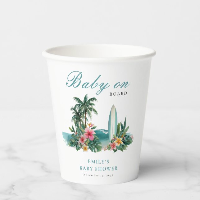 Vasos De Papel Bebé a Bordo Surf Playa Baby Shower (Anverso)