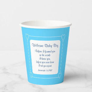 Vasos De Papel Bebé azul y blanco ducha Biblia Fiesta Verso