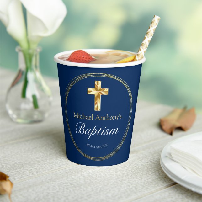 Vasos De Papel Bebé Baptism Navy Blue Gold Cross (in situ)
