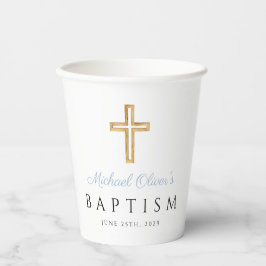 Vasos De Papel Bebé Blue Script Religioso Cross Boy Baptism