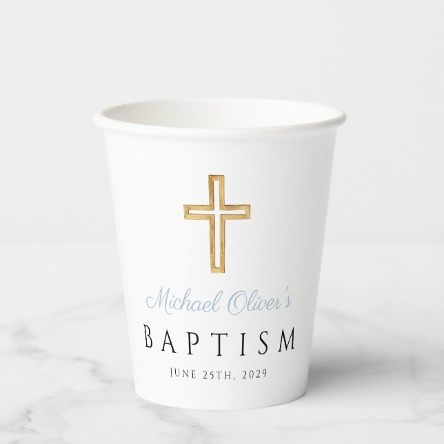 Vasos De Papel Bebé Blue Script Religioso Cross Boy Baptism (Anverso)