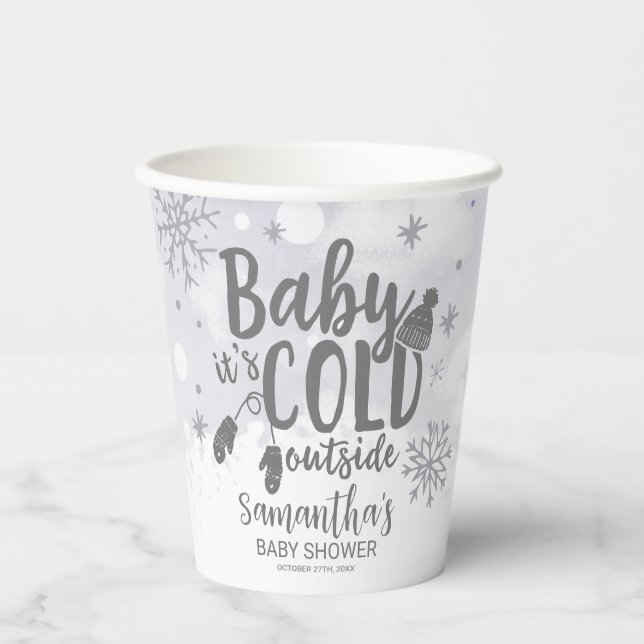 Vasos De Papel Bebé con copas de nieve hace frío fuera de Baby Sh (Anverso)