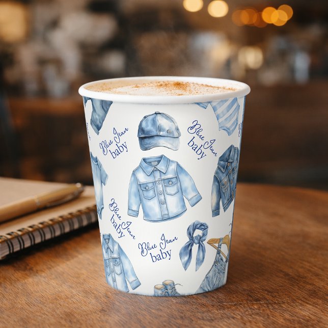 Vasos De Papel Bebé de mezclilla moderna Fiesta de bebé con tema  (Modern Blue Jean Baby Denim Themed Baby Shower Paper Cups)