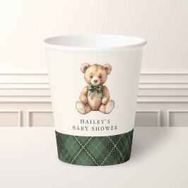 Vasos De Papel Bebé de Oso de Peluche Clásico de Cuadros Verdes B