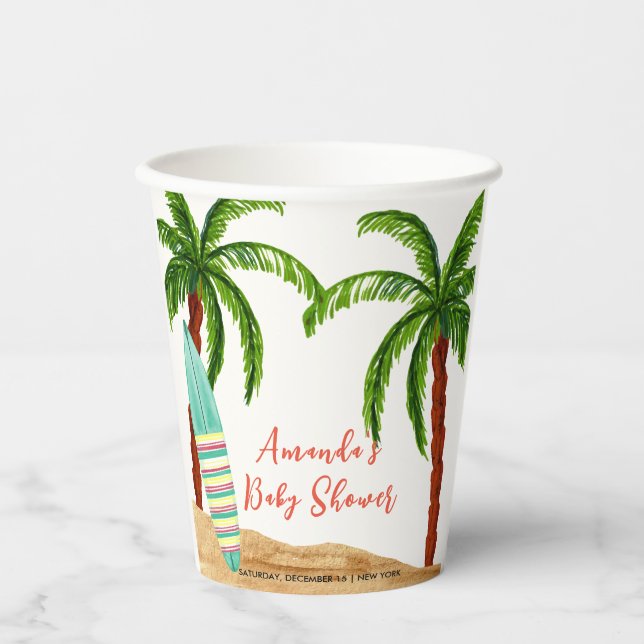 Vasos De Papel Bebé De Surf Tropical A Bordo De Baby Shower (Anverso)