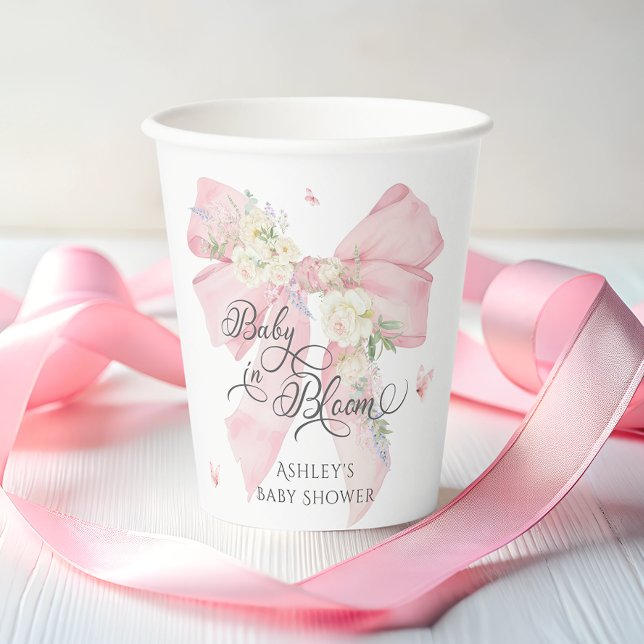 Vasos De Papel Bebé en Bloom Elegant Soft Pink Bow Baby Shower (Subido por el creador)