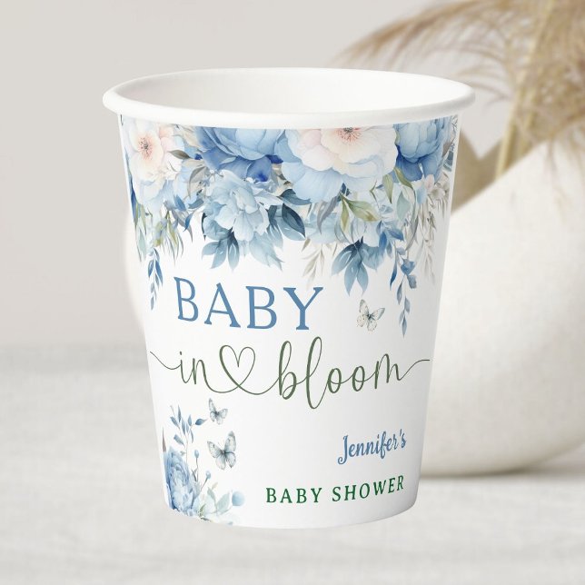 Vasos De Papel Bebé en floral floreciente Baby Shower azul turbio (Subido por el creador)