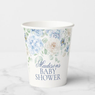 Vasos De Papel Bebé floral azul en Bloom Hydrangea Baby Shower