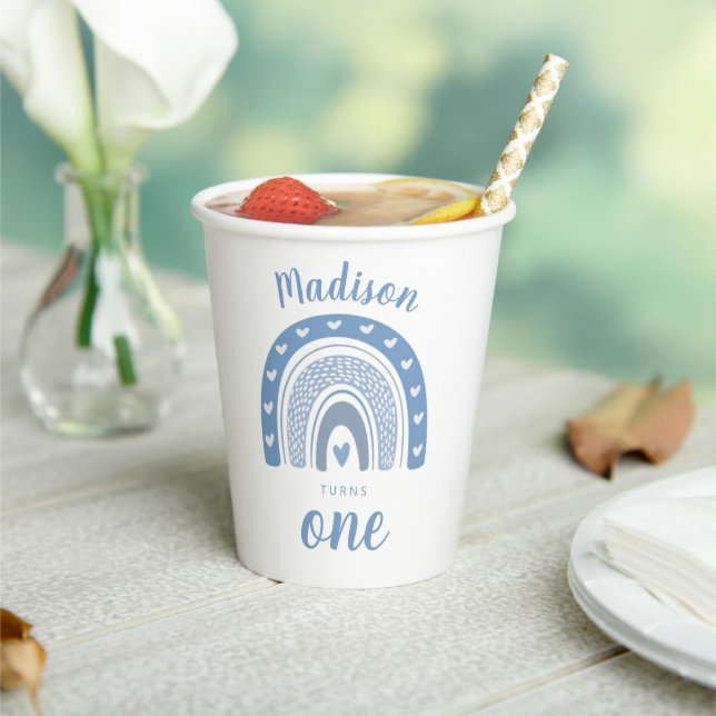 Vasos De Papel Bebé lindo Blue Rainbow Boho Primer cumpleaños (in situ)
