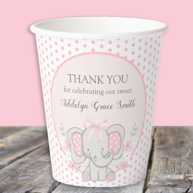 Vasos De Papel Bebé Niña Elefante Polka Rosa Dot Sip Ver Ducha (Cute baby girl elephant baby shower paper cups)