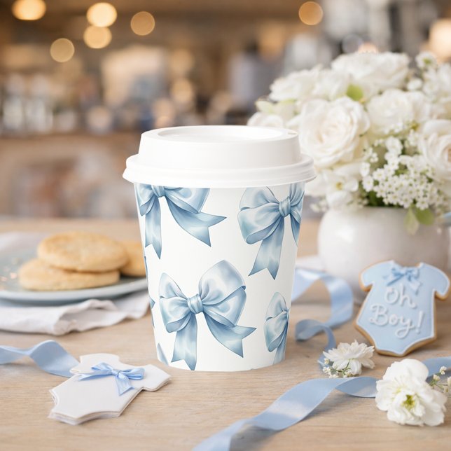 Vasos De Papel Bebé Niño con Lazo Azul Elegante Cumple de Bebé (Blue Bow Baby Boy Elegant Baby Shower Paper Cups)