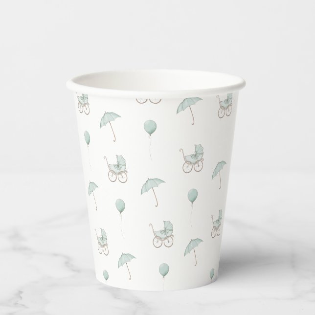 Vasos De Papel Bebé verde lindo Buggy Baby Shower (Anverso)