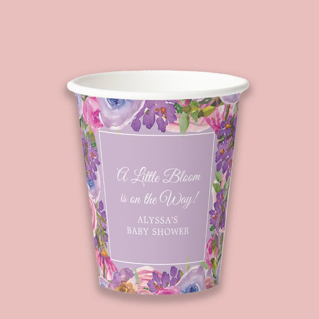 Vasos De Papel Beber de flores rosadas púrpuras (Pink and purple watercolor floral "Little bloom" baby girl shower paper cup)