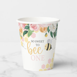 Vasos De Papel Bee Day Bumblebee 1er cumpleaños floral rosa