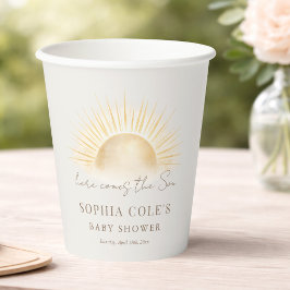 Vasos De Papel Beige Aquí Viene El Niño Sol Bebé Shower