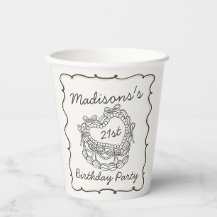 Vasos De Papel Beige Bow Retro Heart Coquette Cake Cumpleaños