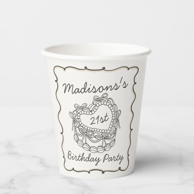 Vasos De Papel Beige Bow Retro Heart Coquette Cake Cumpleaños (Anverso)
