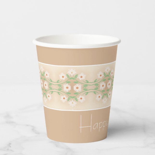 Vasos De Papel Beige Cremoso Y Floral Blanca (Anverso)