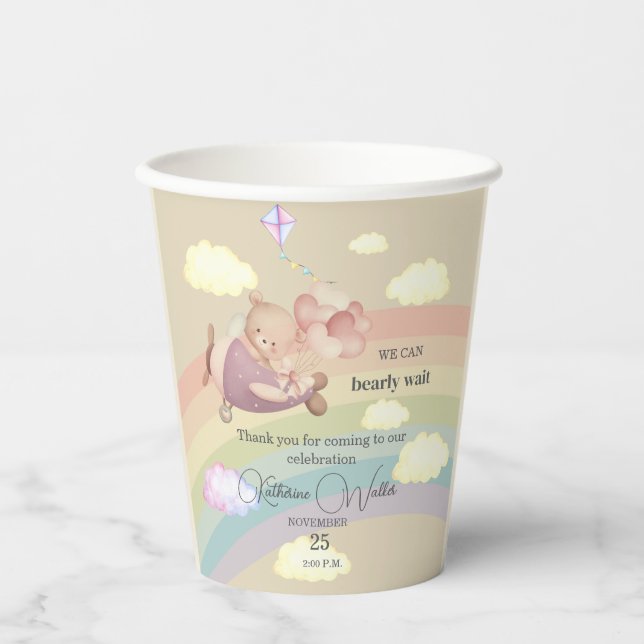 Vasos De Papel beige cute AIRPLANE BEAR pastel clouds rainbow  (Anverso)