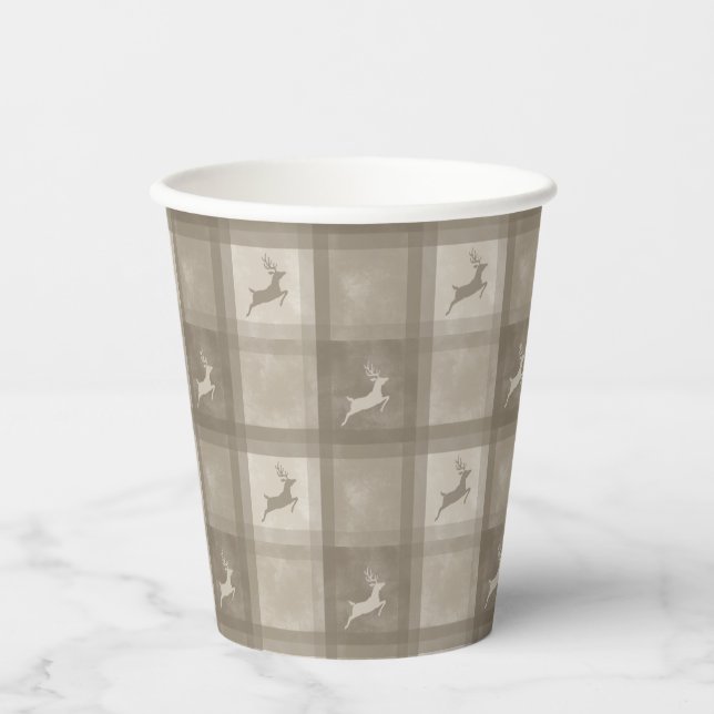 Vasos De Papel Beige Festive Plaid With Reindeer Christmas (Anverso)