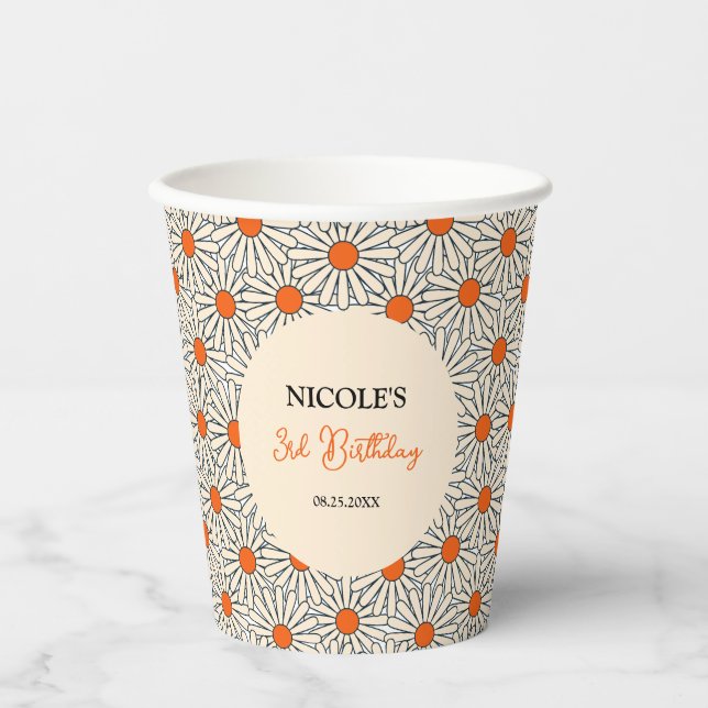Vasos De Papel Beige Naranja Daisies Arco Floral Cumpleaños (Anverso)
