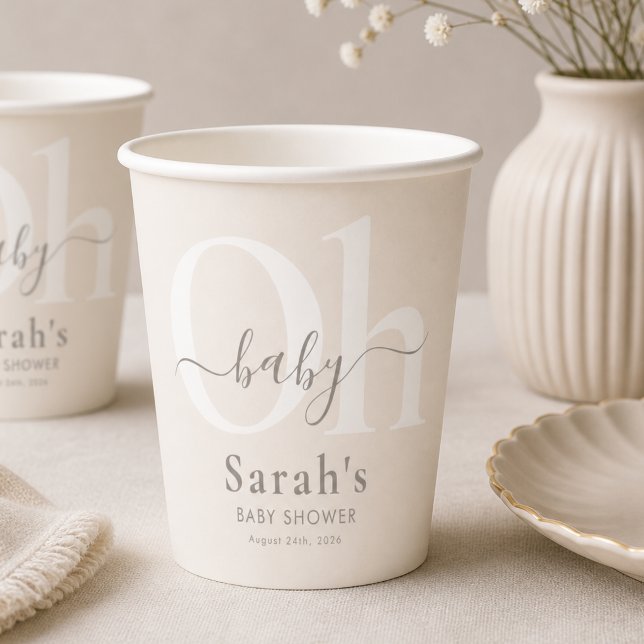 Vasos De Papel Beige Simple Chic Boho Oh Fiesta de Baby Shower (Subido por el creador)