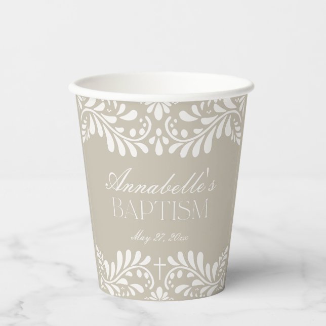 Vasos De Papel Beige Talavera Tile Estilo Español Fiesta Baptismo (Anverso)