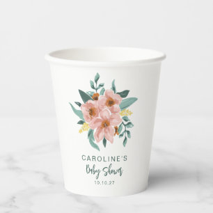 Vasos De Papel Bello Mint Sage Rosa Floral Personalizado Baby Sho