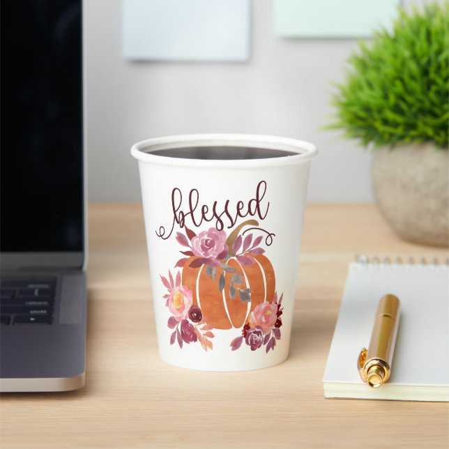 Vasos De Papel Bendita - Calabaza de otoño con flores rosas (in situ)