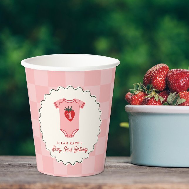 Vasos De Papel Berry 1er cumpleaños Strawberry Shirt Checkerboard (Subido por el creador)