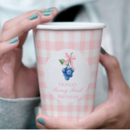 Vasos De Papel Berry First Blueberry cumpleaños Pink Bow Gingham