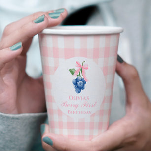 Vasos De Papel Berry First Blueberry cumpleaños Pink Bow Gingham
