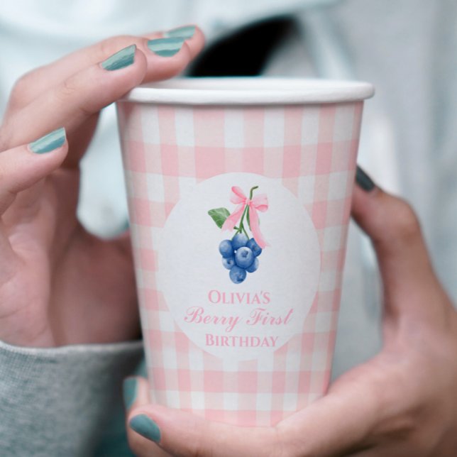 Vasos De Papel Berry First Blueberry cumpleaños Pink Bow Gingham (Subido por el creador)