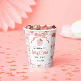 Vasos De Papel Berry First Strawberry Pink Gingham 1er cumpleaños