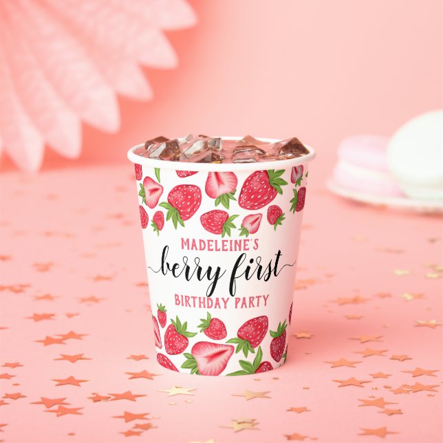 Vasos De Papel Berry First Strawberry Primer Personalizado Fiesta (in situ)