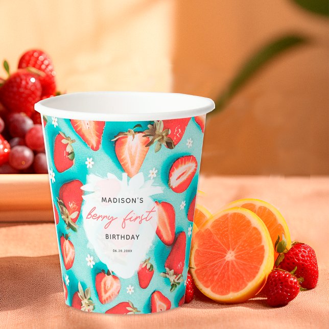 Vasos De Papel Berry floral retro primer cumpleaños de fresa (Subido por el creador)