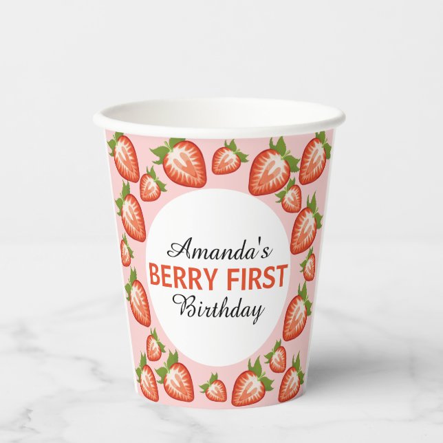 Vasos De Papel Berry primer cumpleaños Berry Chica Strawberry ros (Anverso)